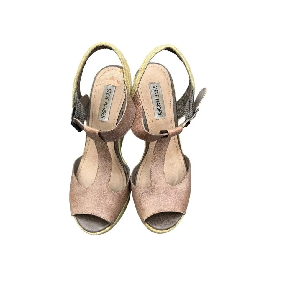 Steve Madden Wade T-Strap Wedge Sandals Brown Size 8